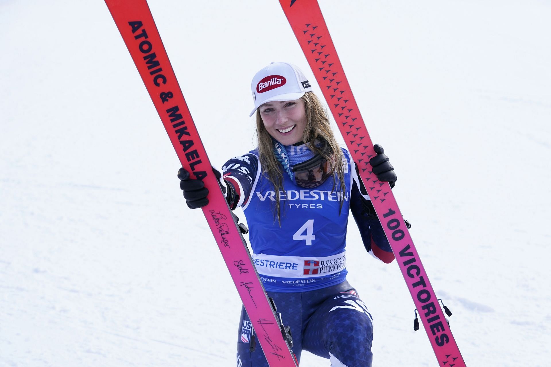 Shiffrin celebrates her 100th World Cup win at Sestriere 2025 - Source: Getty